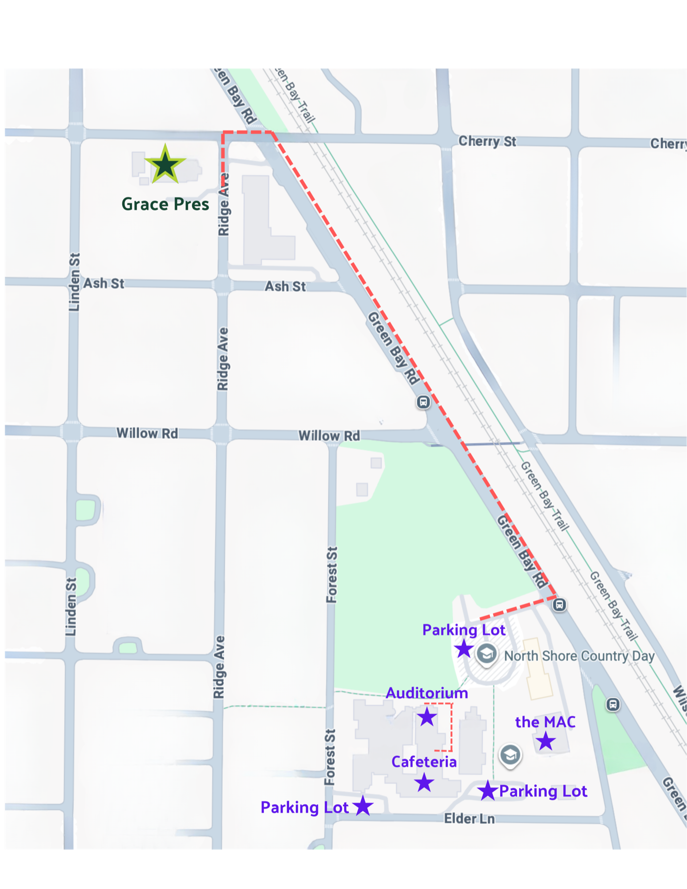 Map showing the route from Grace Presbyterian to North Shore Country Day, with the auditorium, cafeteria, the MAC, and the parking lots available on Sunday mornings marked