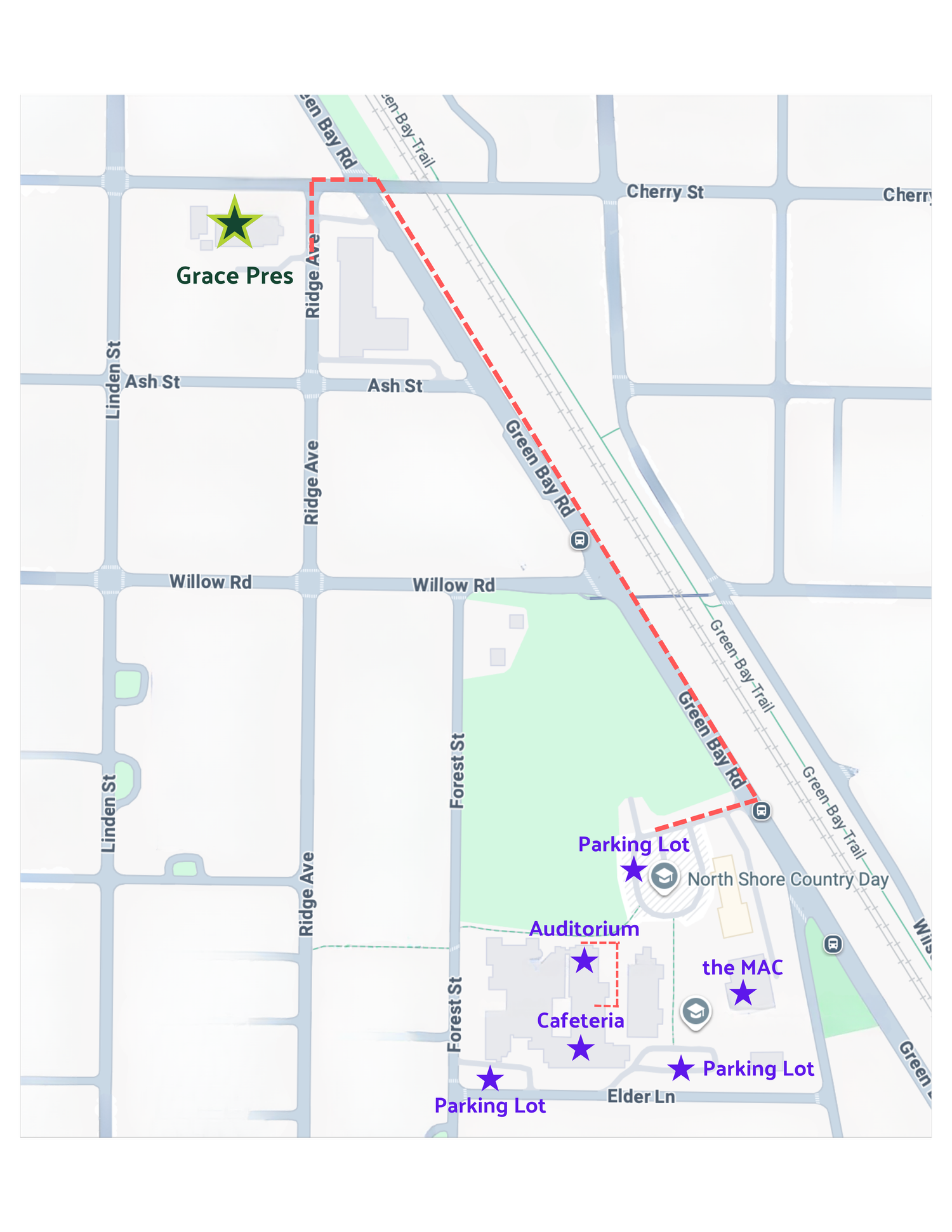 Map showing the route from Grace Presbyterian to North Shore Country Day School, with the auditorium, cafeteria, the MAC, and parking lots marked