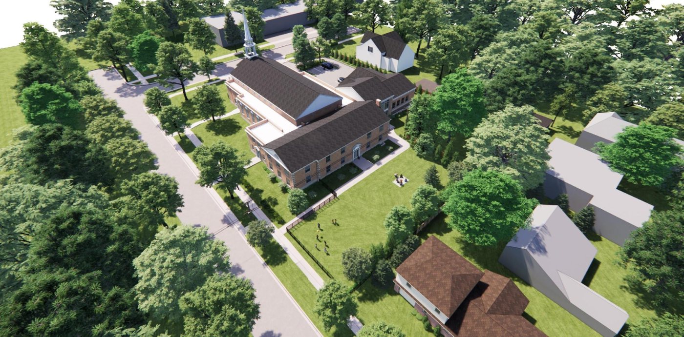Aerial rendering of the renovated 440 Ridge Avenue campus from the north