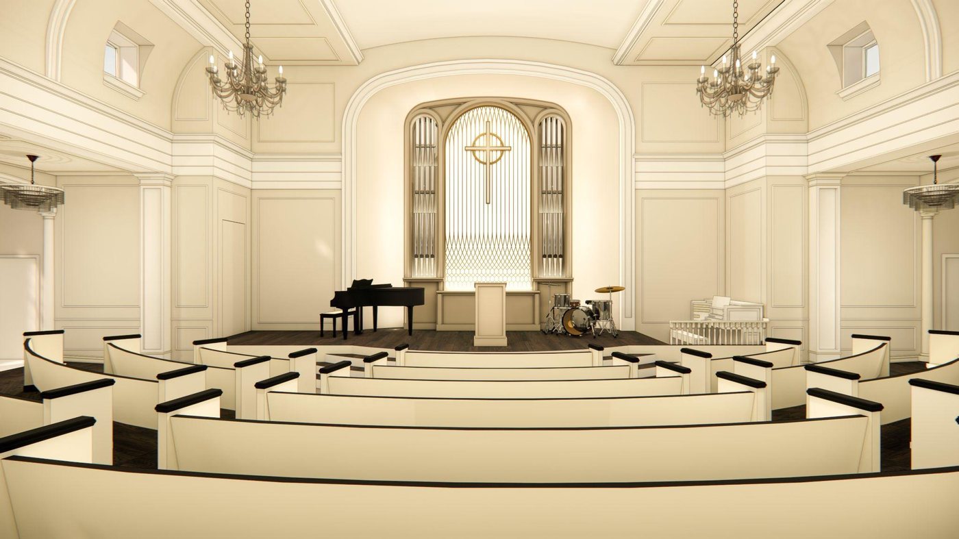 Rendering of the renovated sanctuary with curved pews, organ pipes, and a central cross