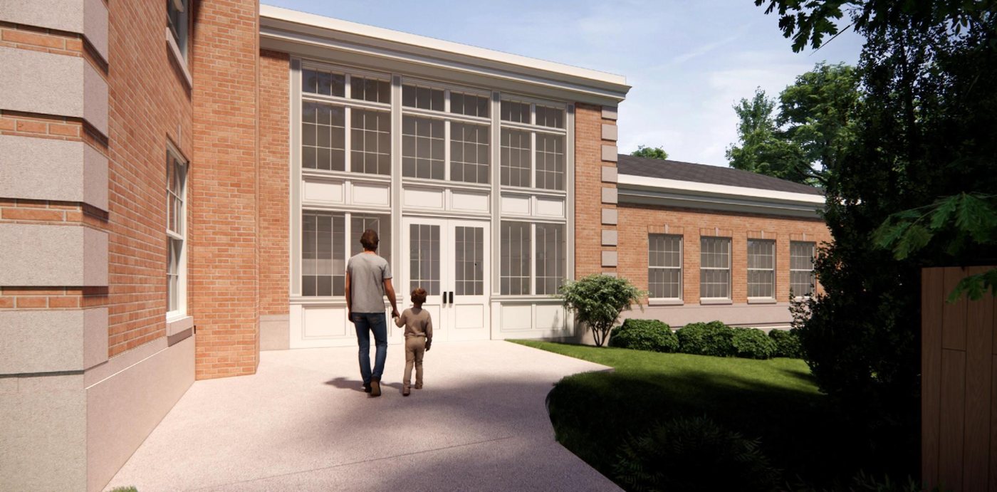 Rendering of the new step-free West entry with two-story windows