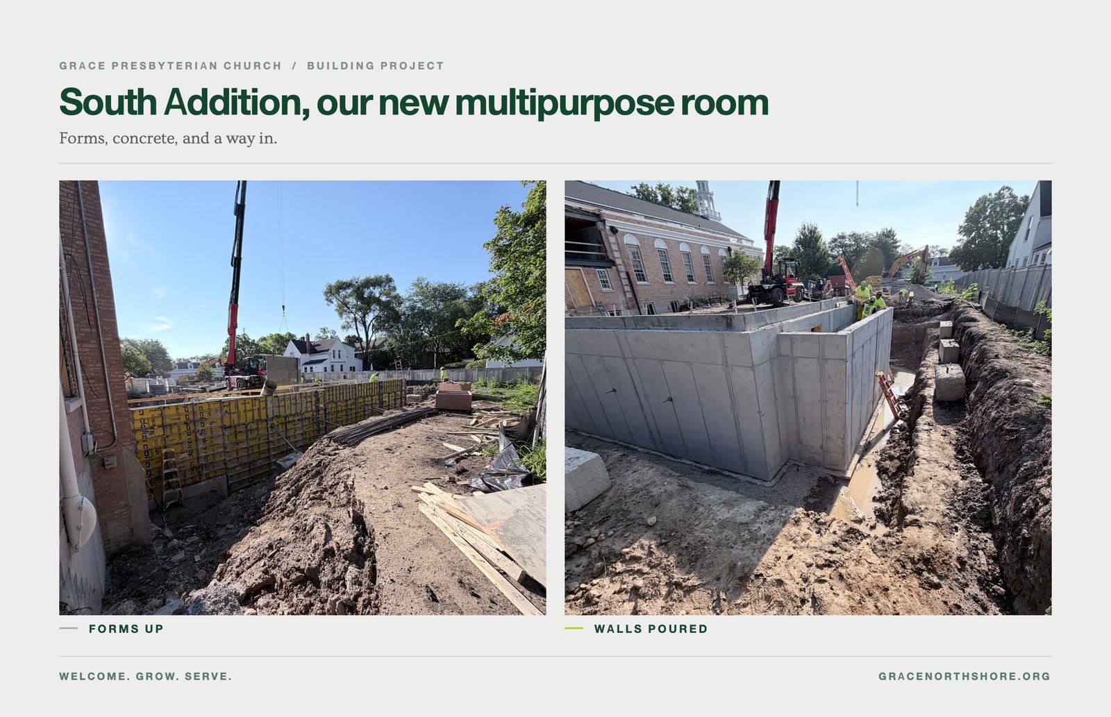 South Addition before-and-after collage: yellow concrete forms going up beside the church, then the poured multipurpose-room walls