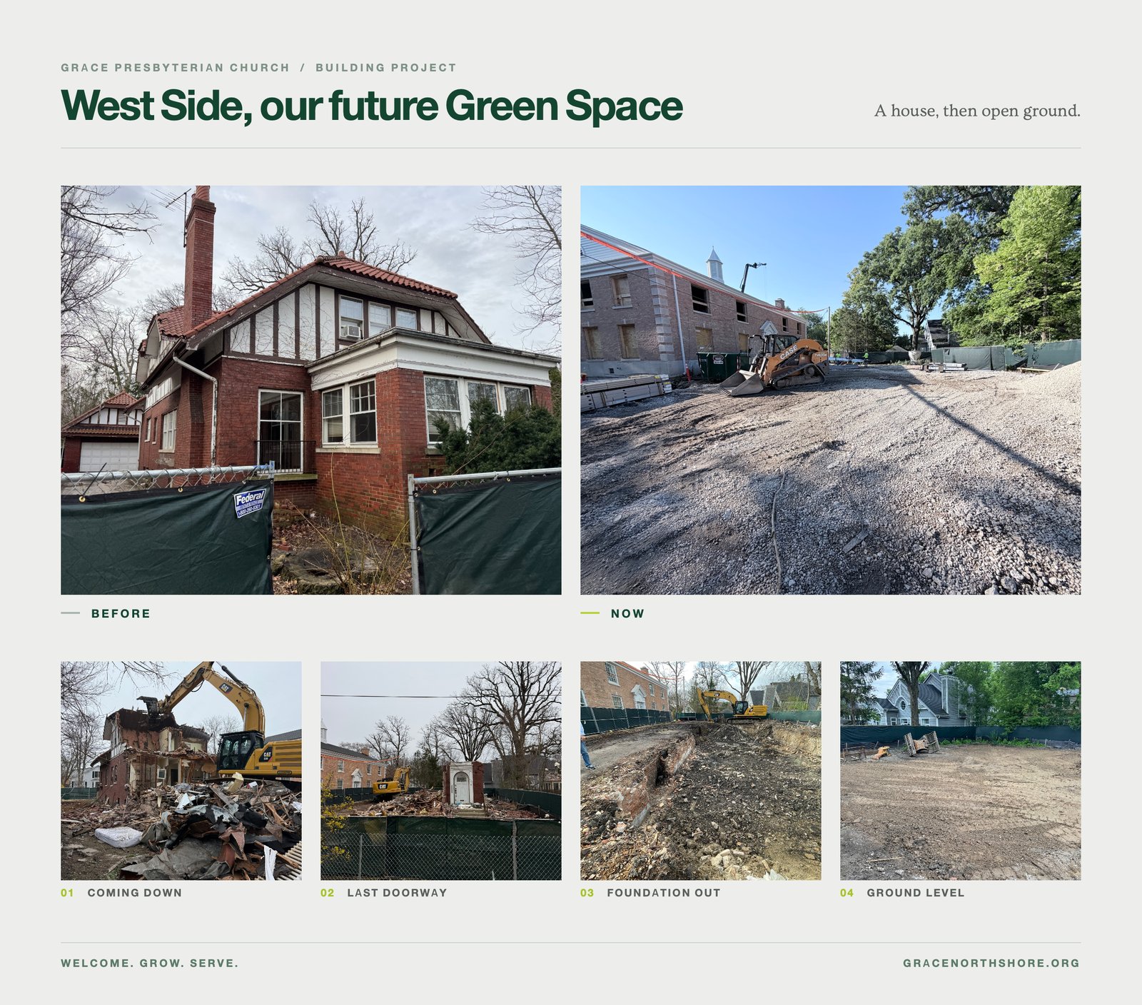 West side before-and-after collage: the old brick house, now cleared and graveled ground for the future green space, with photos of the demolition and grading in between