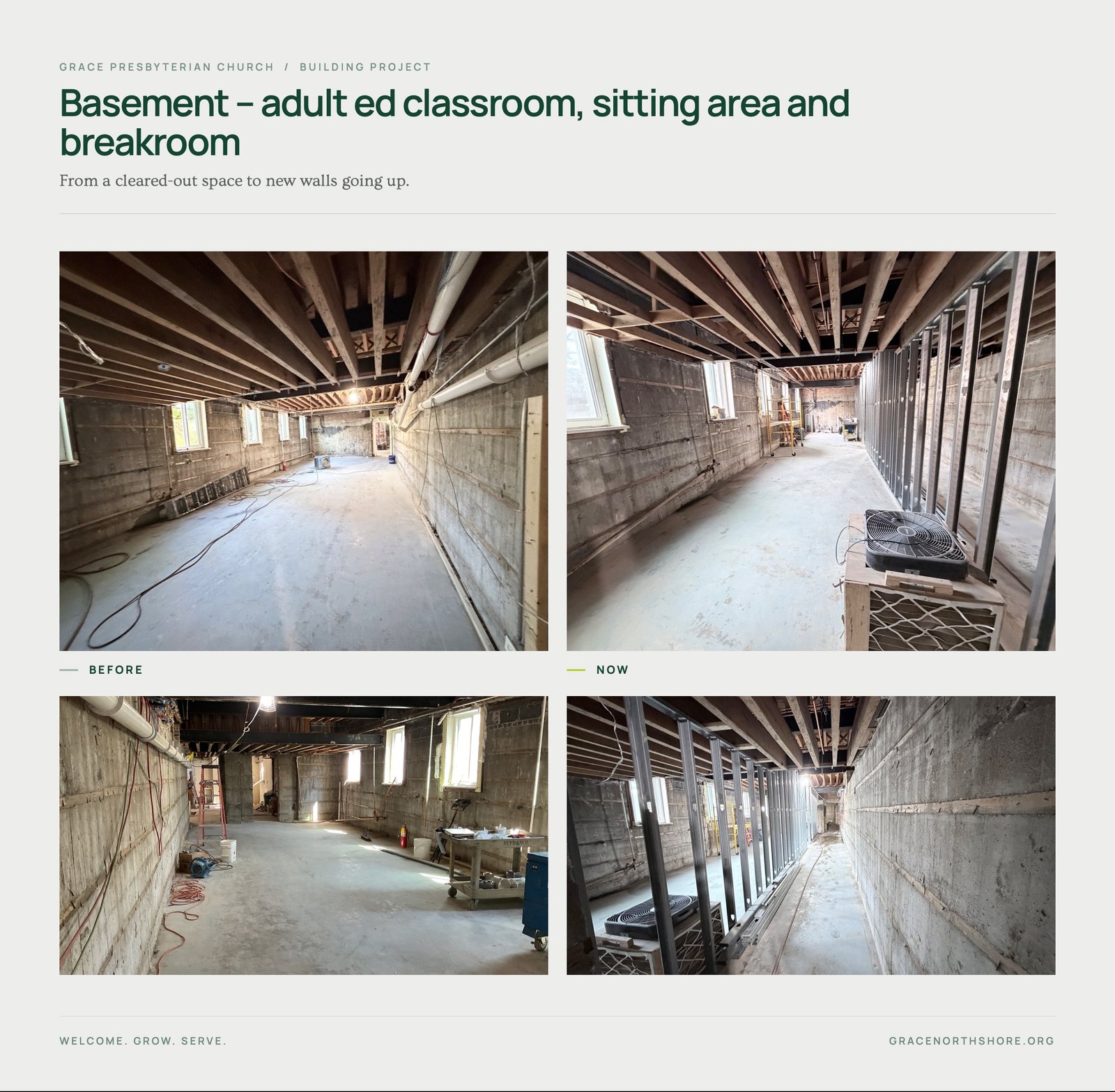 Basement collage, October 2026: from a cleared-out space to new steel-stud walls going up for the adult education classroom, sitting area, and breakroom