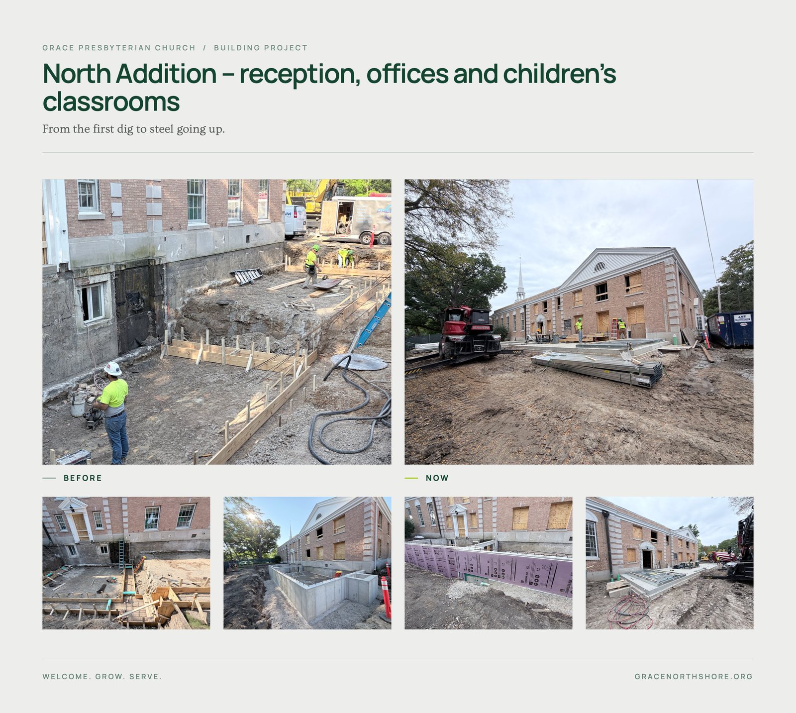 North Addition collage, October 2026: from the first dig beside the church to foundation walls poured, sealed, and steel framing going up for the reception, offices, and children&rsquo;s classrooms