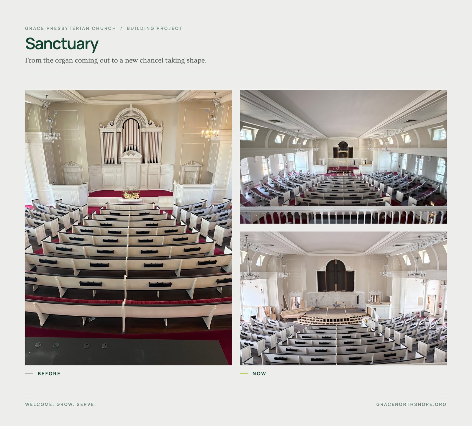 Sanctuary collage, October 2026: the organ and pipes coming out, and a new chancel taking shape at the front of the sanctuary