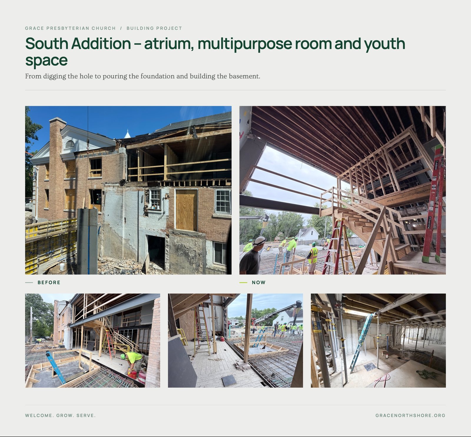 South Addition collage, October 2026: from digging the hole to pouring the foundation and building the basement for the atrium, multipurpose room, and youth space