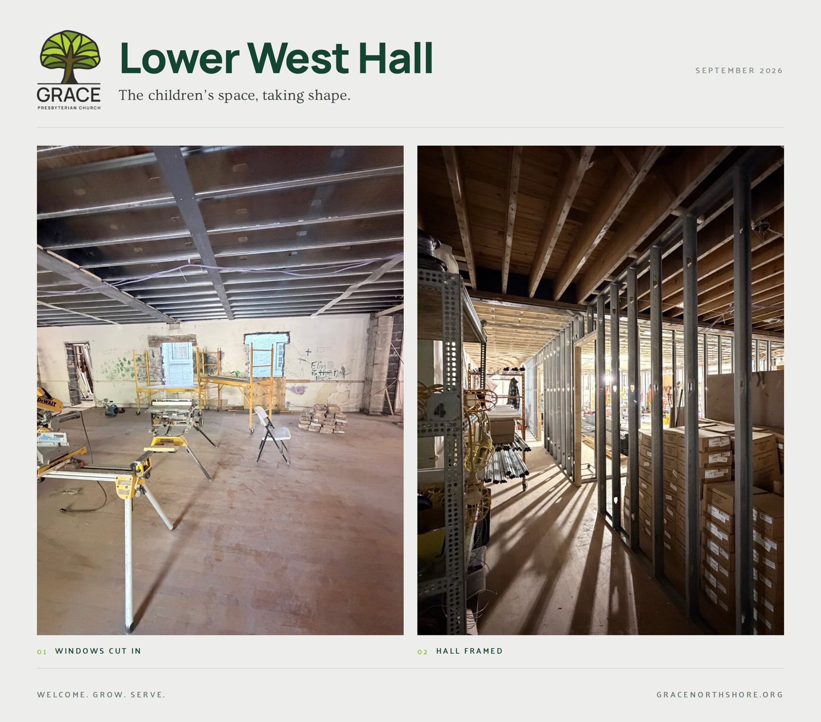 Lower West Hall collage, September 2026: the children&rsquo;s space taking shape &mdash; windows cut in and the hall framed in steel studs