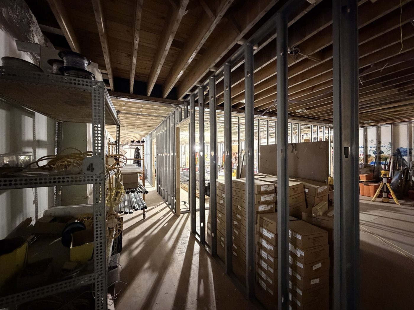 Steel framing through the Lower West Hall, part of the children&rsquo;s space