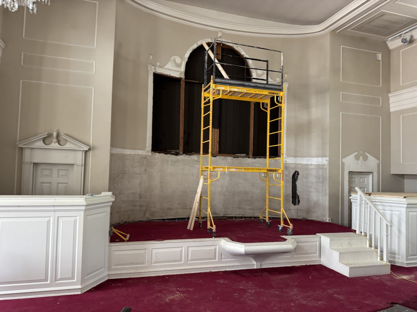 Scaffolding on the sanctuary stage where the organ has been removed