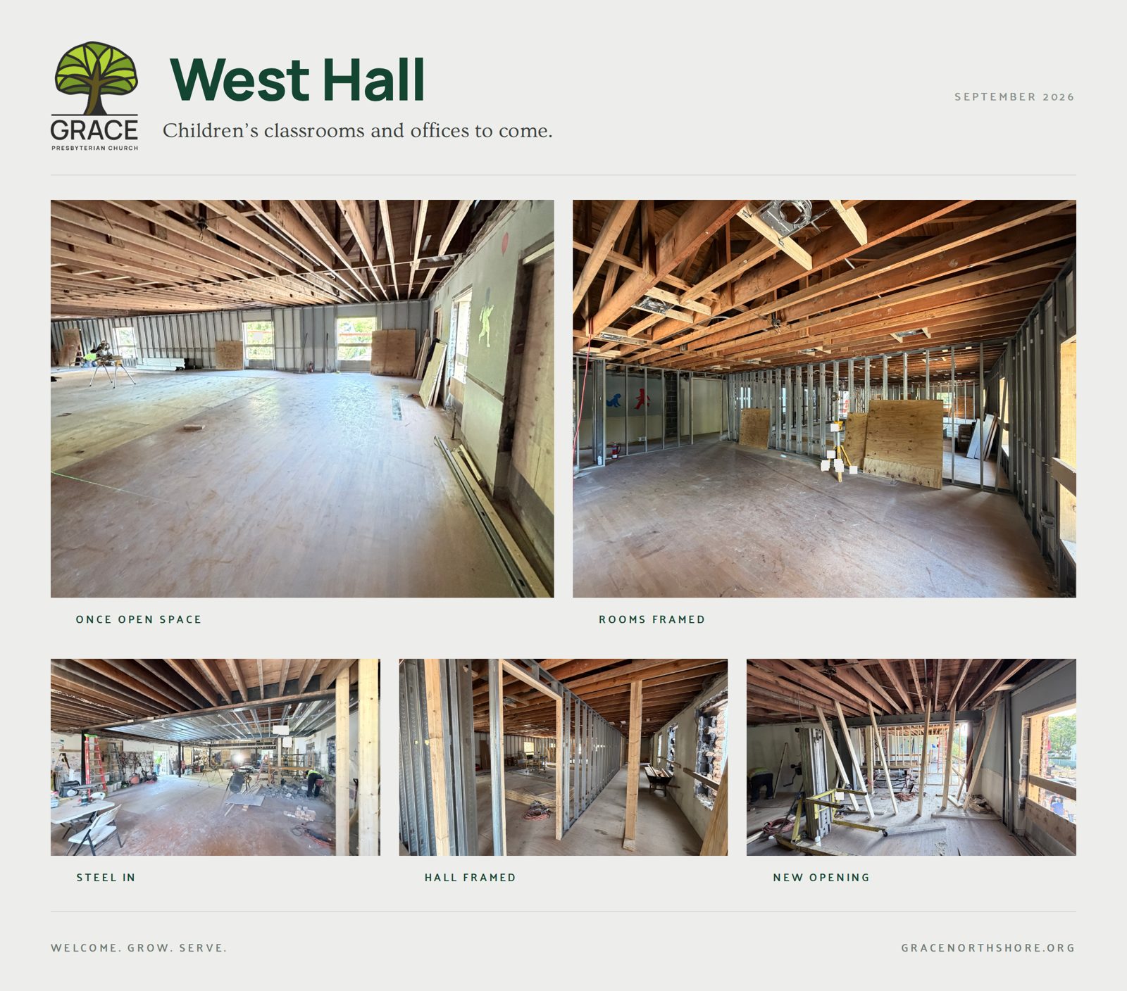 West Hall collage, September 2026: the once-open space now framed into children&rsquo;s classrooms and offices